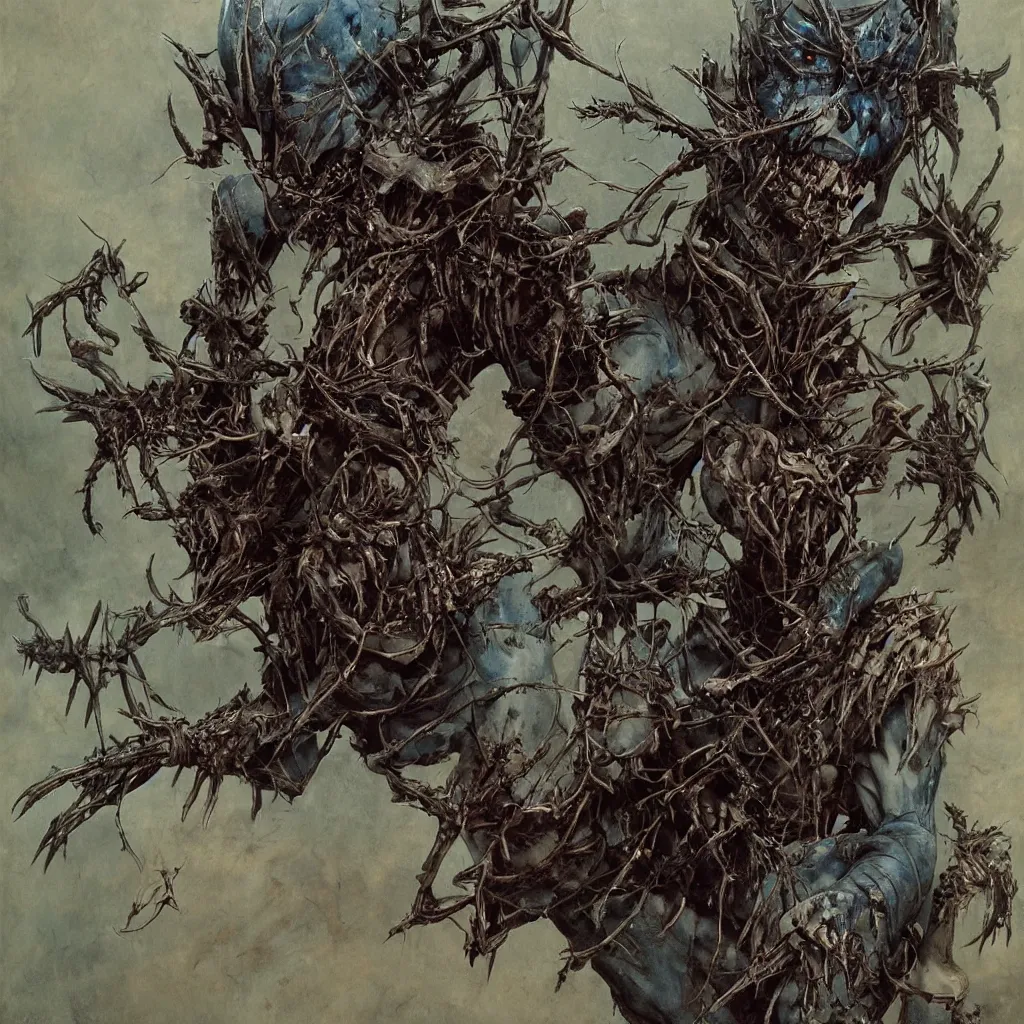 Image similar to A creepy armored horned fanged demon woman with blue scarred skin wrapped in barbed wire. Extremely high detail, realistic, fantasy art, solo, bones, ornate, textured, cgsociety masterpiece, saturated colors, tricate omnious visionary concept art tangled, ripped flesh, art by Zdzisław Beksiński, Arthur Rackham, Dariusz Zawadzki