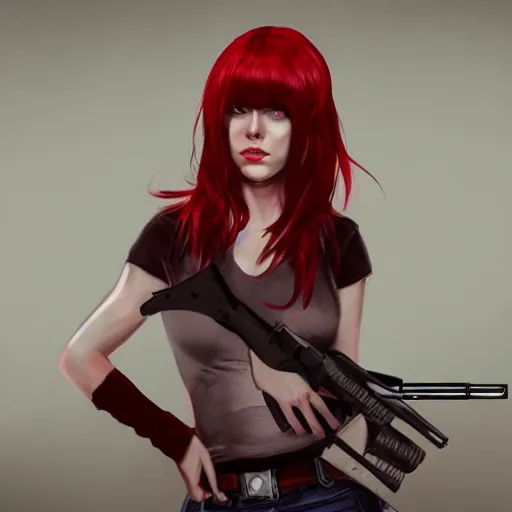 Image similar to a concept art of a girl with red hair holding a gun, highly detailed, digital painting, artstation, concept art, smooth, sharp focus, illustration