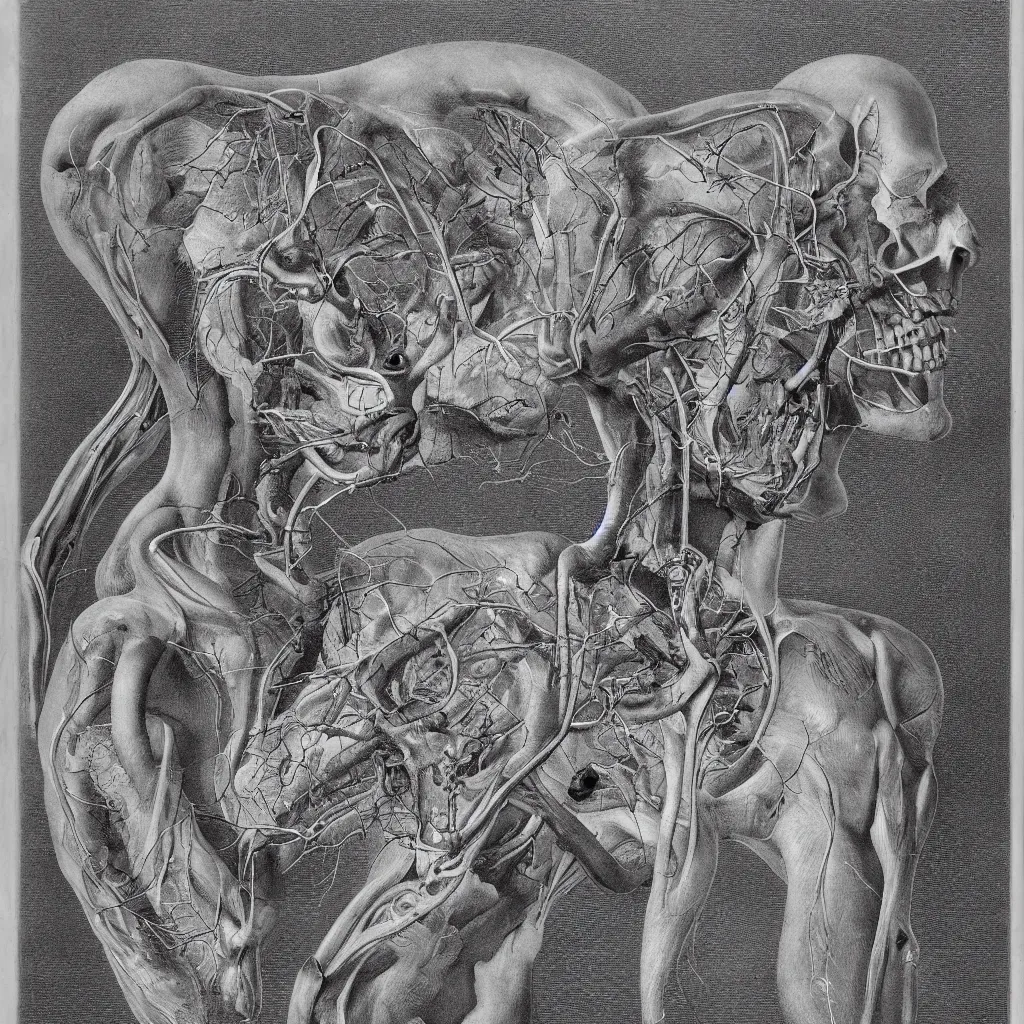 Image similar to anatomical engraving of an unknown specie, anatomical study of animal hybrids from another universe