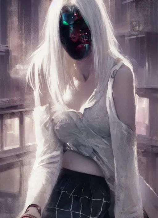 Prompt: white haired girl in a miniskirt sitting on a window, plaid skirt, cyberpunk, expressive oil painting, night, highly detailed, trending on artstation, by artgerm, by greg rutkowski, beautiful detailed face, vivid colors