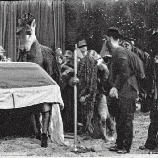 Prompt: an old photo of a funeral, with shrek laying in a casket, and donkey standing behind the lectern.