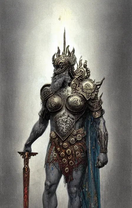 Image similar to zeus god concept, wearing thunder armor, ancient greek ornamented armor, beksinski, weta workshop concept art