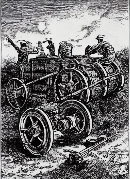 Prompt: 19th century wood-engraving of a steam powered Renault FT tank with no person around, whole page illustration from Jules Verne book, art by Édouard Riou Jules Férat and Henri de Montaut, high quality, beautiful, highly detailed, removed watermarks