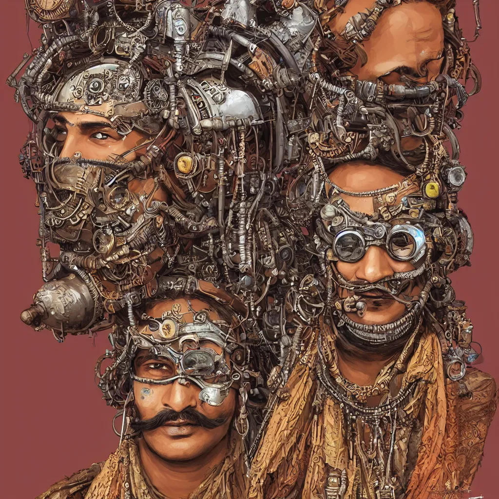 Image similar to face portrait of an indian man with long kawai moustache rajasthani headgear wearing madmax style steampunk goggles and steampunk jewelry, art by peter mohrbacher and craig mullins, sticker, colorful, illustration, highly detailed, simple, smooth and clean vector curves, no jagged lines, vector art, smooth