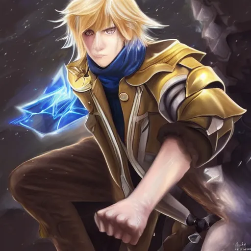 Prompt: Ezreal (league of legends, 2009), artwork by kentaro miura, artstation,