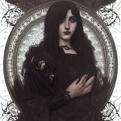 Prompt: portrait of a sad goth girl with tattoo, intricate, elegant, highly detailed, digital painting, artstation, concept art, smooth, sharp focus, illustration, art by artgerm and greg rutkowski and alphonse mucha and william - adolphe bouguereau