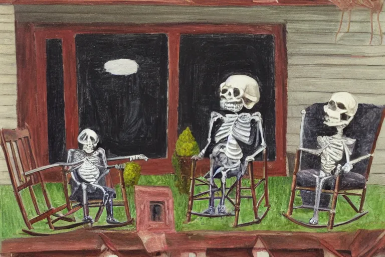 Image similar to tired miniature bearded old man and his giant skeleton wife sit in rocking chairs on on the porch of their house, outsider art oil on paper