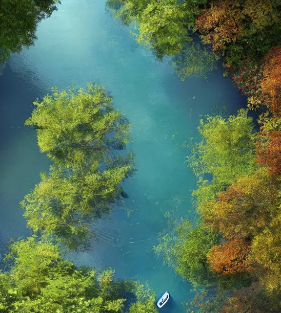 Image similar to an overhead close shot of a boat in a narrow stream, shady, ripples, reflections, trees, stream shore. By Makoto Shinkai, Stanley Artgerm Lau, WLOP, Rossdraws, James Jean, Andrei Riabovitchev, Marc Simonetti, krenz cushart, Sakimichan, trending on ArtStation, digital art.