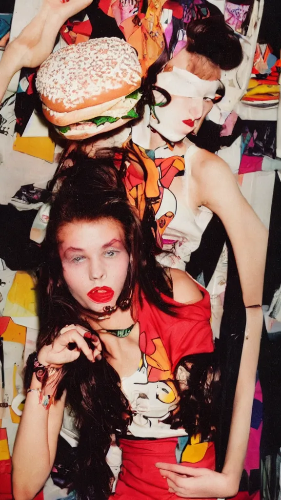 Prompt: 9 0 s fashion photoshoot with a woman dressed as a burger