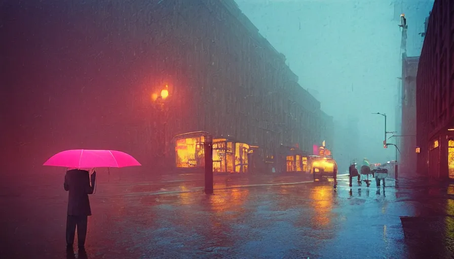 Image similar to gediminas pranckevicius street of new york photography, night, rain, mist, a umbrella pink, cinestill 8 0 0 t, in the style of william eggleston