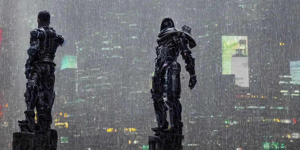 Image similar to cyberpunk statue, rain, space