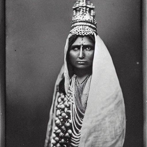 Prompt: vintage photo of an indian queen by edward s curtis, photo journalism, photography, cinematic, national geographic photoshoot