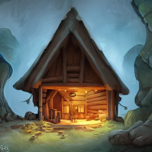 Image similar to cabin in a cave, artstation, digital art, felix Kelly