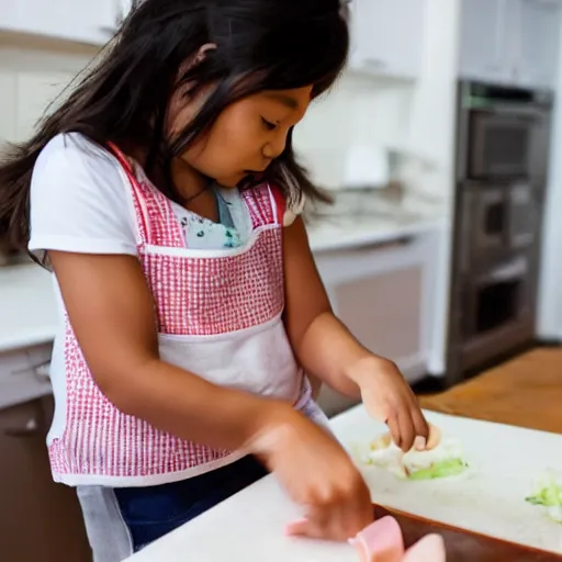 Image similar to small girl making spring rolls in the kitchen and mom is helping