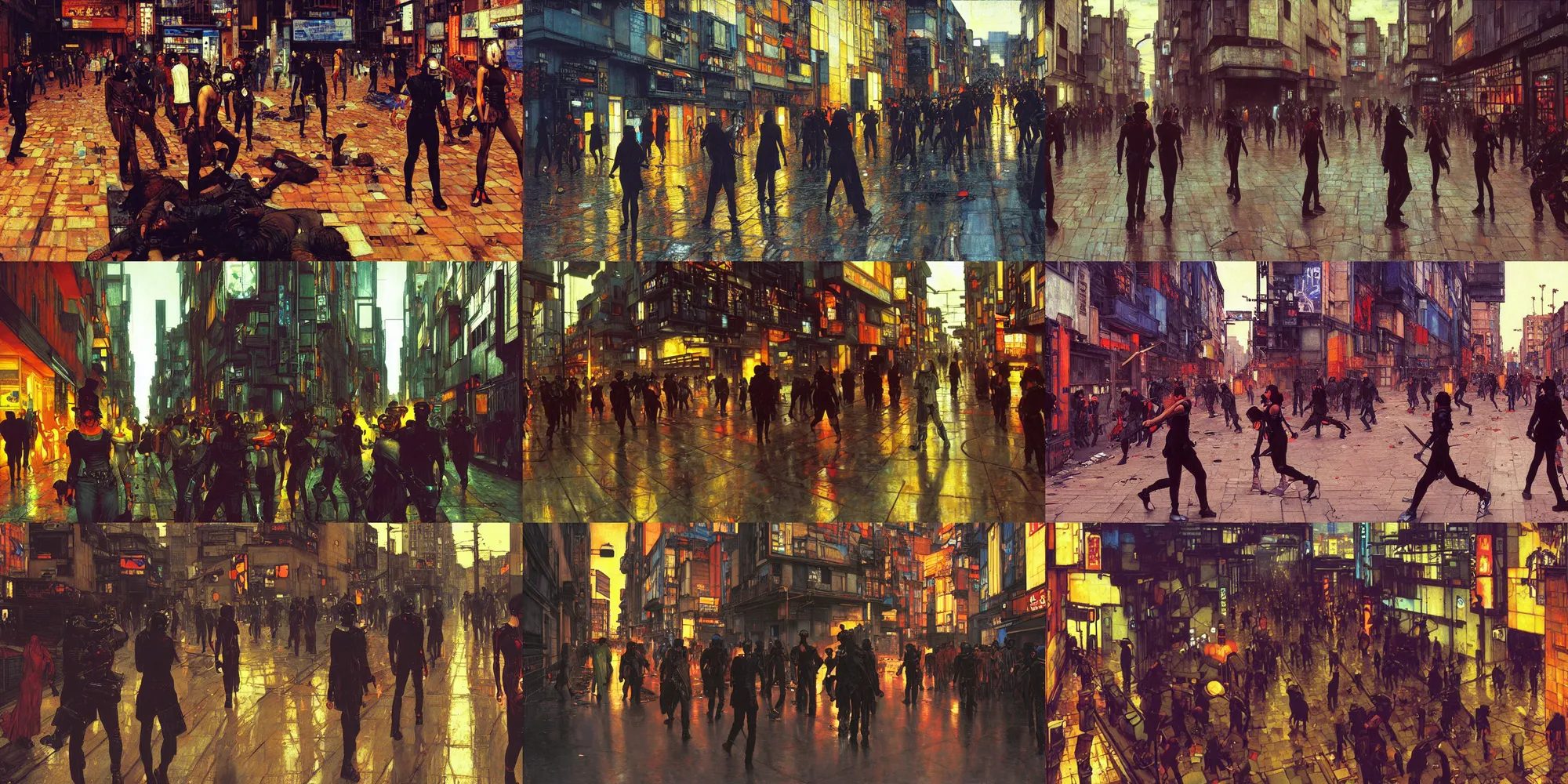 Prompt: A cyberpunk street riot painted by John William Waterhouse and Ilya Kuvshinov and Edward Hopper and Gustav Klimt. HD