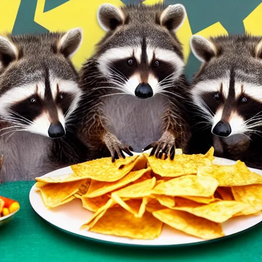 Prompt: 4 angry raccoons eating nachos at a Super Bowl party wearing football jerseys