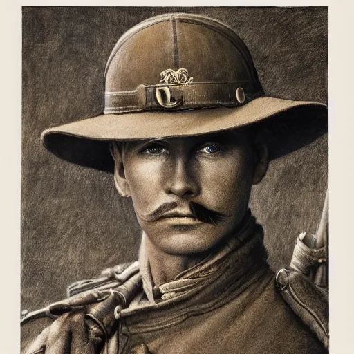 Image similar to a detailed photorealistic sepia - toned color portrait painting of a 1 9 1 7 worried clean - shaven british lieutenant in detailed field gear wearing a finely - detailed pith helmet in wadi rum, ultra realistic, intricate details, lovecraft, atmospheric, dark, horror, brooding, highly detailed, by clyde caldwell