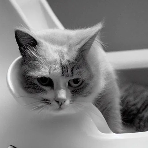 Prompt: a cat escaping a bathtub filled with milk