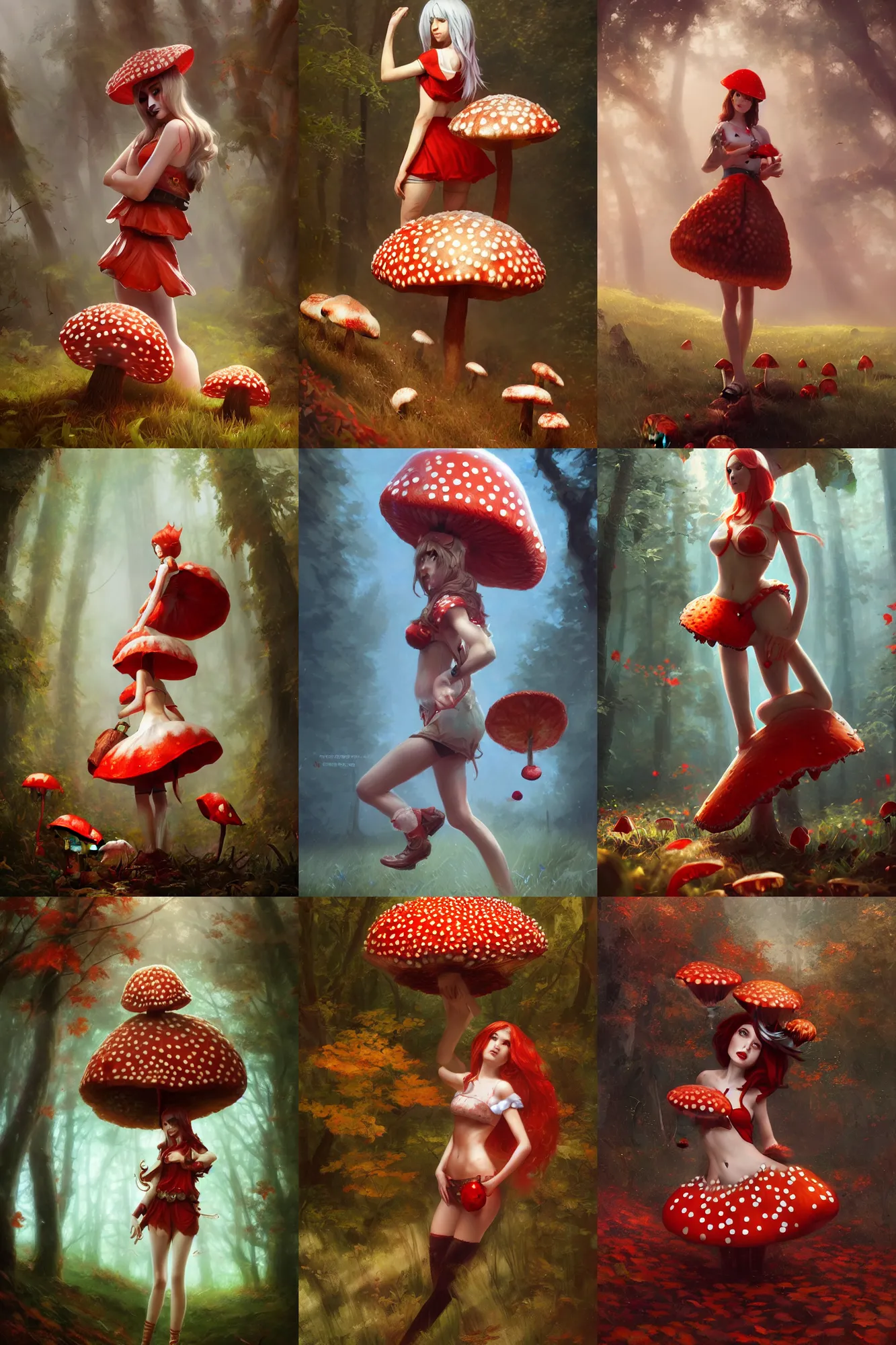 Prompt: girl cosplaying as fly agaric, fly agaric cosplay, full shot, concept art, natural lighting, illustration, full color, highly detailed, photorealistic, by greg rutkowski, artstation,