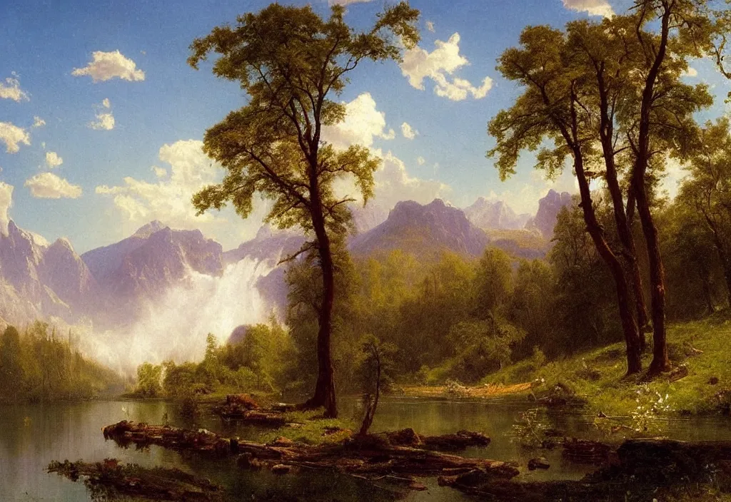 Prompt: a northen american landscape painting of a lake surrounded by trees and some mountains in the distance and a waterfall right beside the lake, perfect spring day with beautiful white clouds, colorful wildflowers, painting by albert bierstadt, early morning light