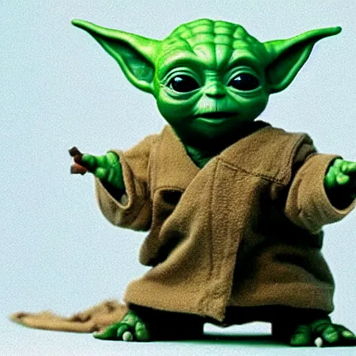 Prompt: baby yoda pointing a gun at you