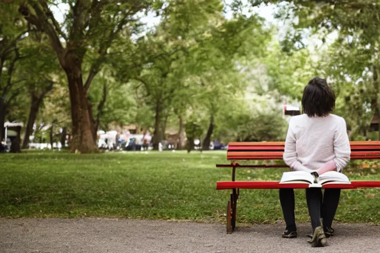 Image similar to Flim still of a woman reading a book, sitting on a bench, long shot, wide shot, full shot