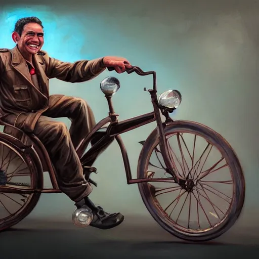 Image similar to A Hearts of Iron IV closeup portrait of a Remi Malek with bulging eyes and a huge smile, riding a tricycle. Dressed in 1980s style. Highly detailed, fine Art, high detail, great lighting, 8k resolution, masterpiece, concept art, illustration, clear eyes, painting oil on canvas, octane render, HDR, trending on artstation, 4k, 8k, HD