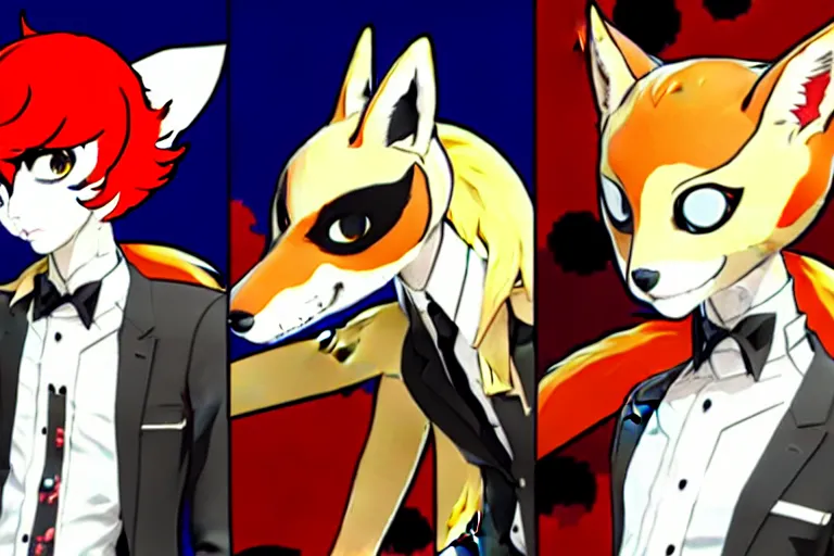 Image similar to in the persona 5 : royal ( by atlus ) video game casino level, a furry male sandcolored tan fox fursona ( has hair ), persona 5 phantom thief style