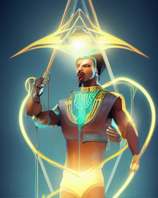 Prompt: symmetry!! egyptian prince holding neon gold scepter of power, solid cube of light, egyptian design, hard edges, product render retro - futuristic poster scifi, lasers and neon circuits, brown skin man egyptian prince, intricate, elegant, highly detailed, digital painting, artstation, concept art, smooth, sharp focus, illustration, dreamlike, art by artgerm