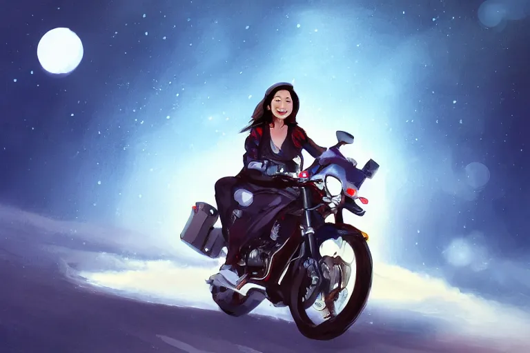 Prompt: michelle yeoh is riding a motorbike, digital painting, artstation, the space background, concept art, illustration,