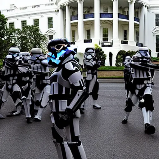 Prompt: a still candid image of hundreds of star wars stormtropers rioting in front of a the white house in washington.!!!, flaming torches and pitchforks