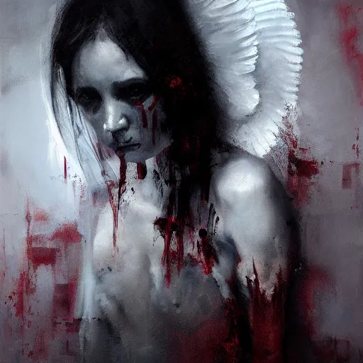 Prompt: portrait of the death angel, angelic, dark, horror, blood, by jeremy mann