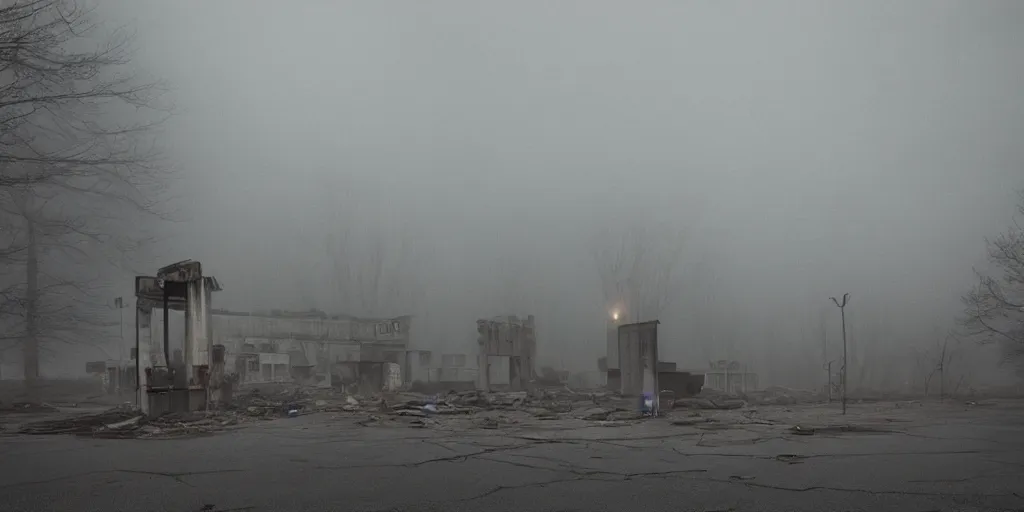 Image similar to a melancholic post-apocalyptic ruins of a gas station, mutants creatures swarming, atmosphere of silent hill, 8k, cinematic lighting, hd wallpaper, fog, Todd Hido, painted by gerhard richter, painted by Marlene Dumas