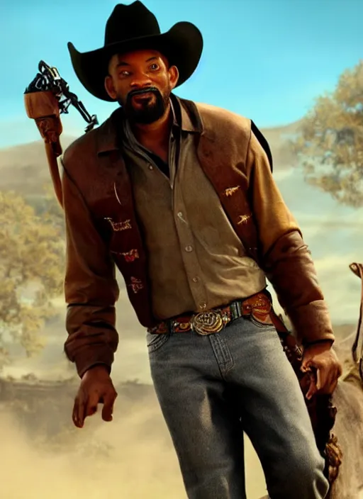 Image similar to an film still of will smith as cowboy with beard, western background, unreal engine. amazing likeness. very detailed.