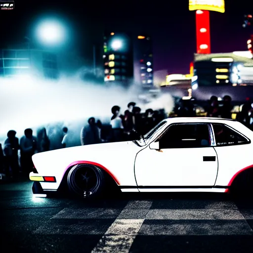 Prompt: a car s30 turbo drift at illegal car meet, Shibuya prefecture, city midnight mist lights, cinematic lighting, photorealistic, highly detailed wheels, high detail