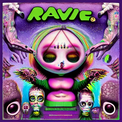 Image similar to rave cd compilation, by mark ryden, hd, hyper detailed, 4 k