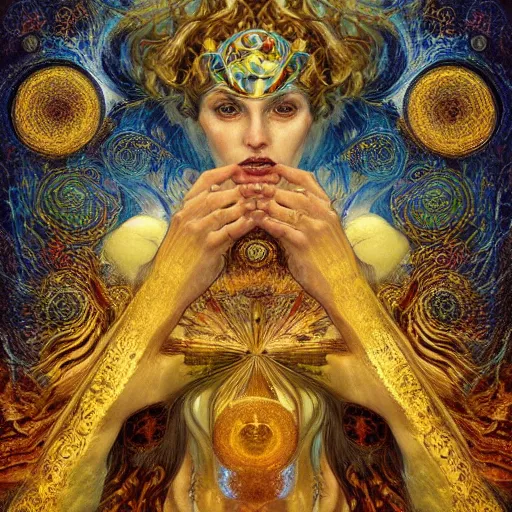 Image similar to Divine Chaos Engine by Karol Bak, Jean Deville, Gustav Klimt, and Vincent Van Gogh, beautiful visionary mystical portrait, sacred, otherworldly, fractal structures, ornate gilded medieval icon, third eye, spirals