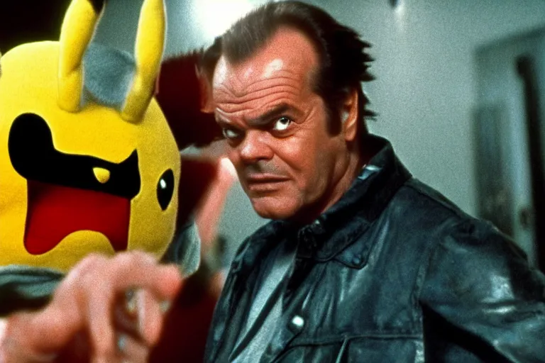 Prompt: Jack Nicholson plays Pikachu Terminator, action scene where his endoskeleton gets exposed and his eye glows red, still from the film