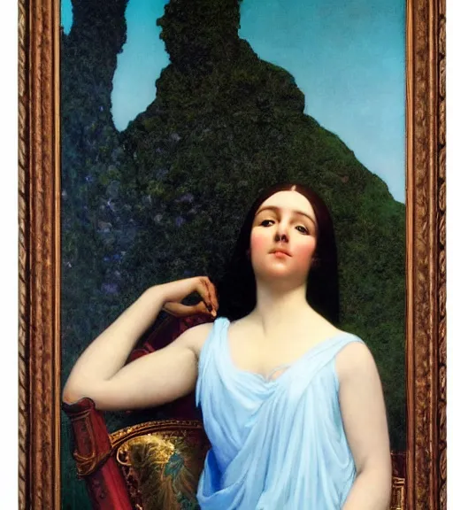 Image similar to an oil painting a queen with dark hair and white fair skin standing on a throne by maxfield parrish, highly detailed, realistic, realism, manierism, oil painting, wide shot