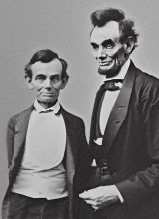 Prompt: old photo of abraham lincoln holding a miniature elon musk