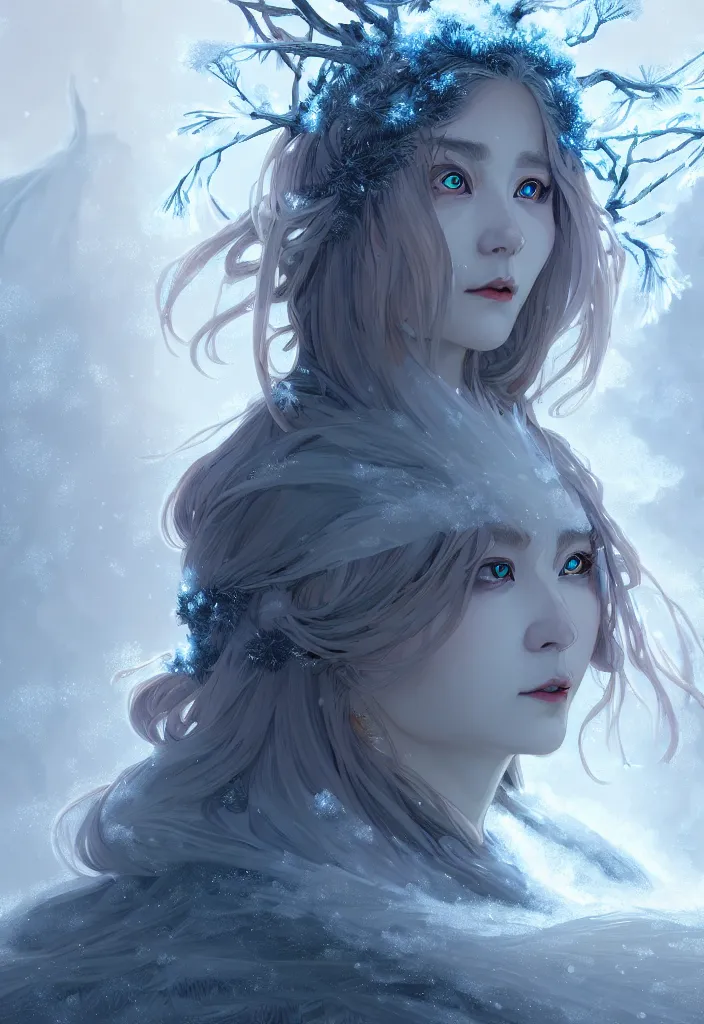 Image similar to panoramic shot of a beautiful ancient frost witch, eye fire, snow glow, snowfall, highly detailed, digital painting, artstation, sharp focus, illustration, art by tan zi and ayanamikodon and alphonse mucha and wlop