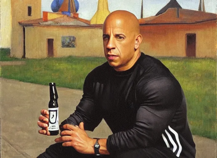 Prompt: vin diesel in black adidas sport costume, as gopnik character, sitting on a bench with a beer bottle, in the courtyard of a provincial russian town, intricate, oil on canvas, naturalism