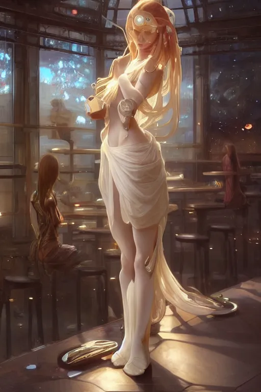 Image similar to an attractive serene cute android in a cafe, partially human , partially biomedical design , natural atmosphere, great high details, highly reaslitic, cinematic lighting, intricate, elegant, super highly detailed, art station, concept arD, beautiful, delicate, art by artgerm and greg rutkowski and alphonse mucha and loish and WLOP