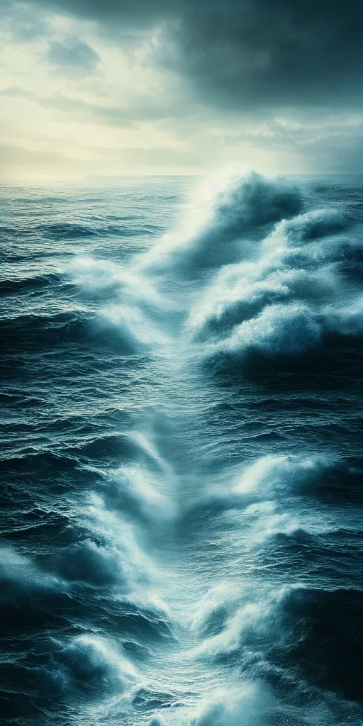 Prompt: the sea, path through the sea, wall of water either side, biblical, moses, by stephen king, end of the world, nature, cinematic, hyperrealistic, evil, dark, cgsociety, 8 k