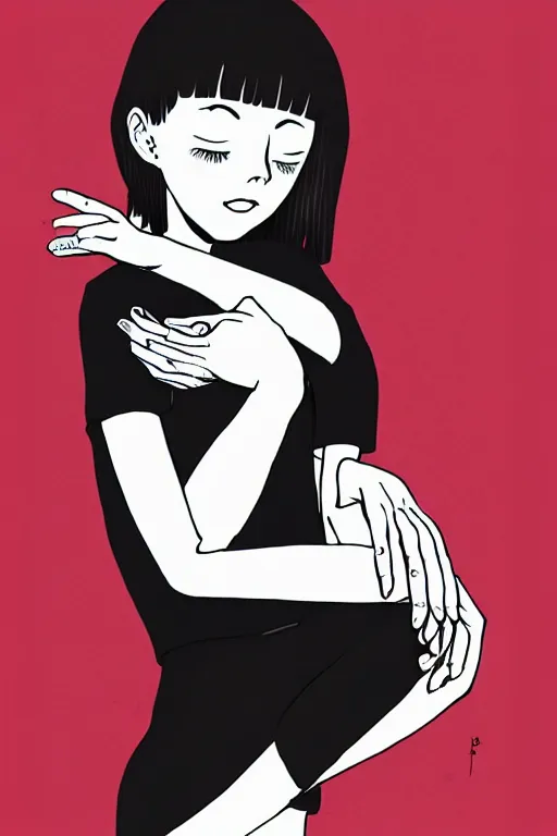 Image similar to portrait of a girl in long pants and a top, hands in pockets, eyes closed, red color heart shaped tattoo on the right hand, bob haircut, digital art, black and white, minimalistic illustration by junji ito and kaoru mori