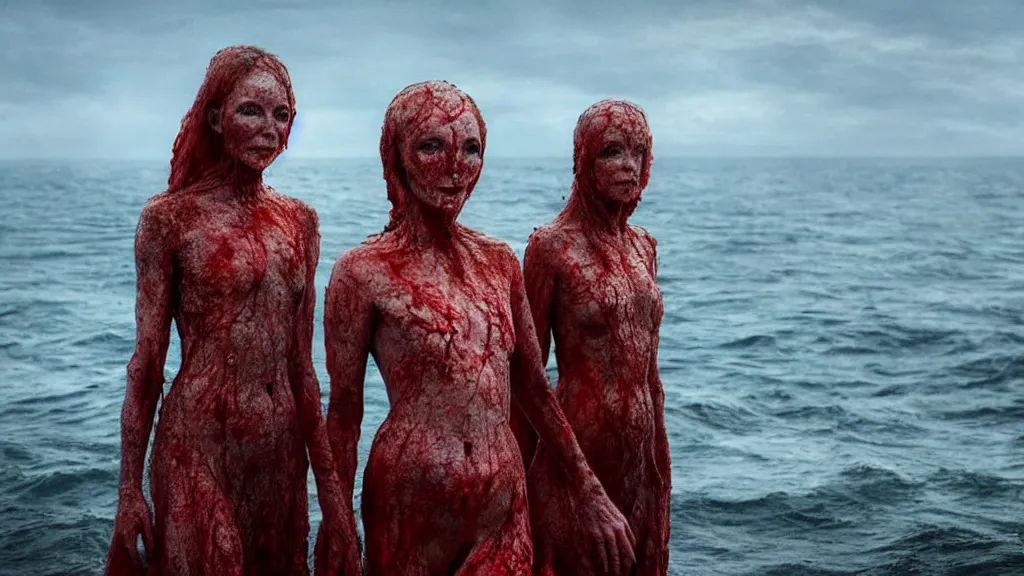 Image similar to close up photo of Helen McCrory and Annabelle Wallis coming out of the ocean, extreme detailed face, a blood portal on the background, film still from the movie directed by Denis Villeneuve with art direction by Zdzisław Beksiński, wide lens