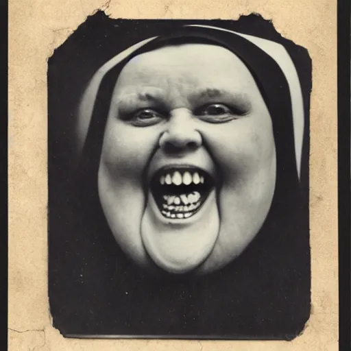 Prompt: antique photograph of an evil catholic nun, cracked and faded photo paper, morbidly obese, crazy eyes wide open, horror, staring at the camera, evil smile, sharp teeth, headshot, dark background, low light, dark