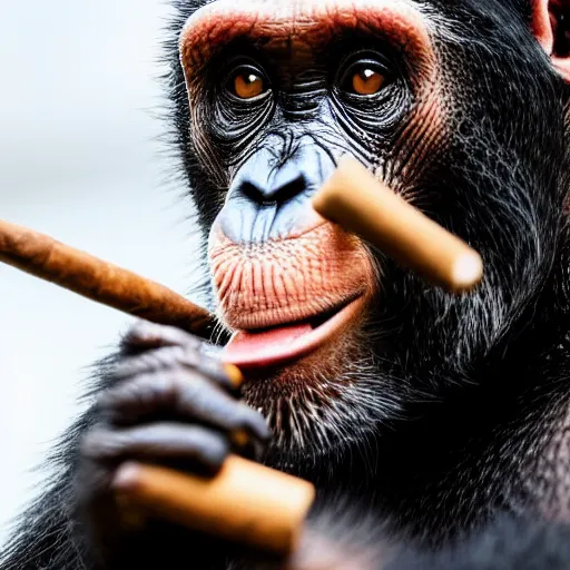 Image similar to a high detail closeup shot of a chimp wearing a suit and smoking a cigar