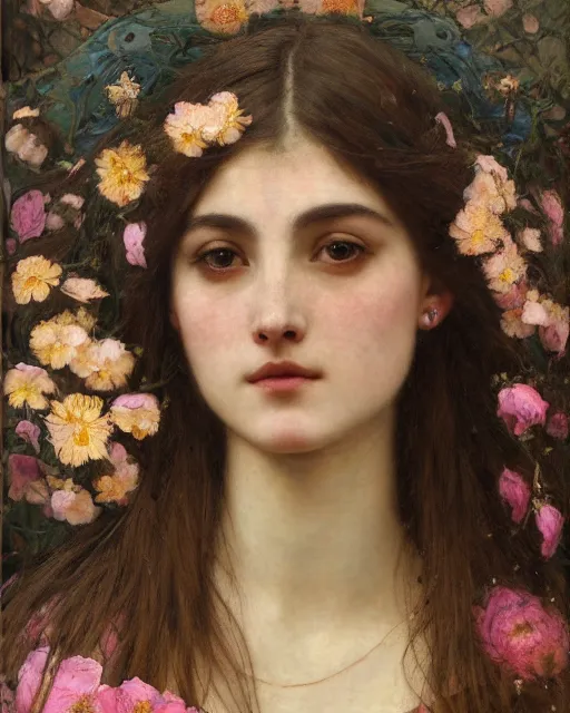 Image similar to a beautiful girl with tattoos surrounded by flowers orientalist intricate portrait by john william waterhouse and edwin longsden long and theodore ralli and nasreddine dinet, oil on canvas. cinematic, hyper realism, dramatic lighting, high detail 8 k