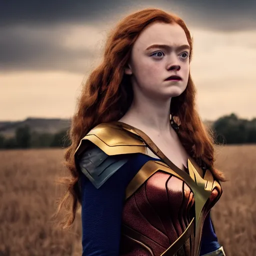 Image similar to film still of sadie sink playing wonder women, hd, 8 k, high resolution, cinematic, golden hour lighting, beautiful hair, holding golden whip, photorealistic, on a field, grey sky, shadows